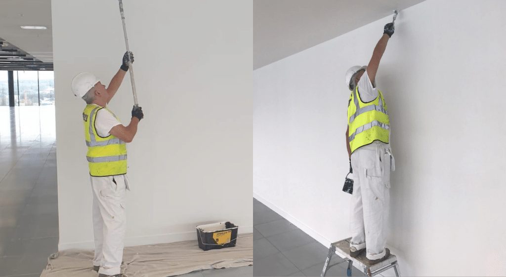 Two images of a painter and decorator applying paint to an office wall and ceiling using a roller and a brush. He is being observed by his assessor for NVQ Level 2 Painting and Decorating