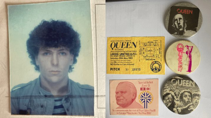 Photo of NVQ assessor Steve Graham in his younger years alongside memorabilia of Queen and The Pope from 1982