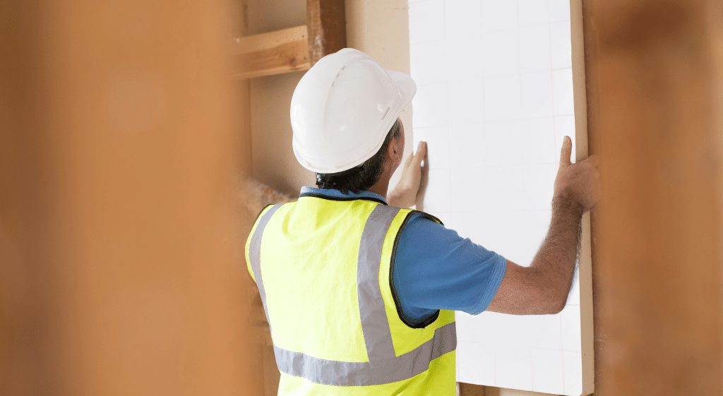 Example of Internal Insulation NVQ Level 2 assessment process: a worker installing an insulation board to an internal wall.