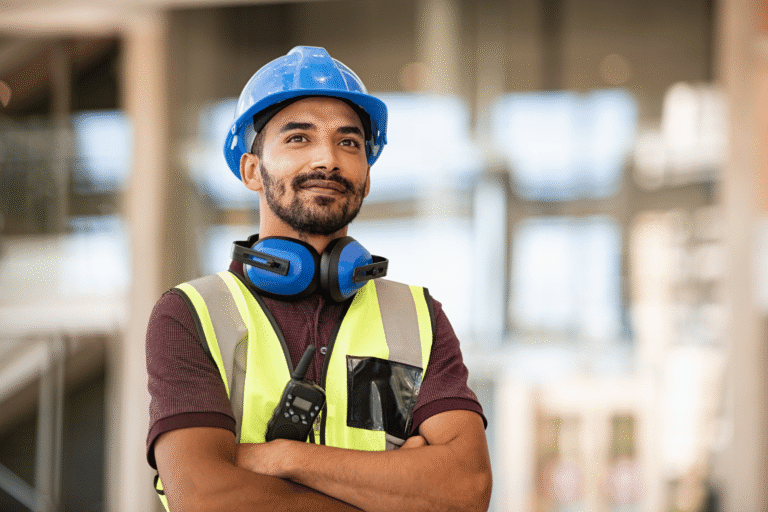 Employable and confident construction worker smiling on site with his arms crossed wearing a hard hat.