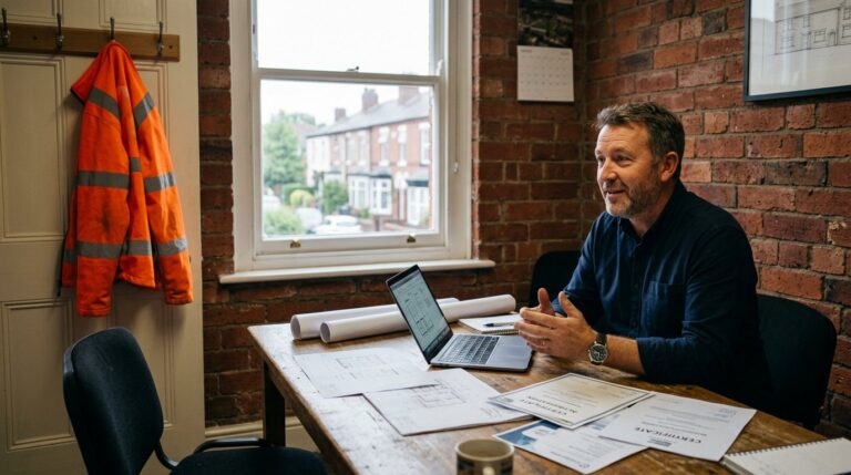 Construction company director reviewing certificates and a laptop in a small UK office