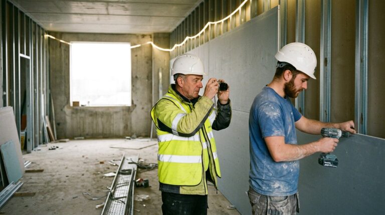 Assessor photographing a dryliner fixing plasterboard during an on-site NVQ visit