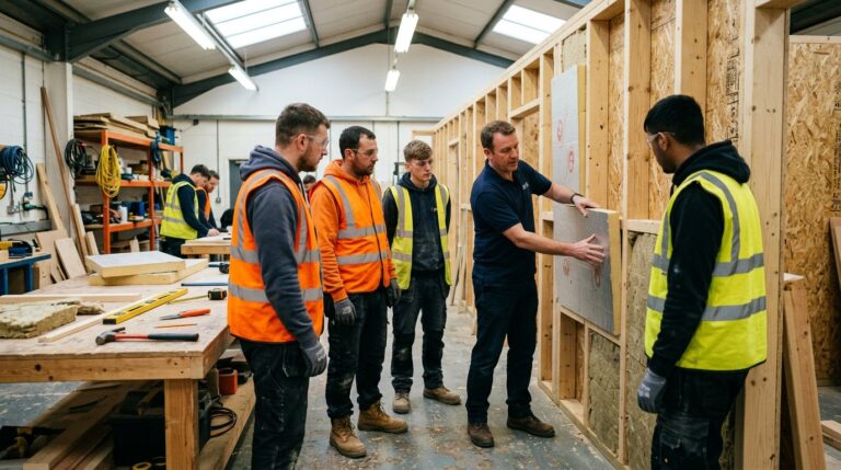 Trainer showing construction workers how to fit insulation in a workshop