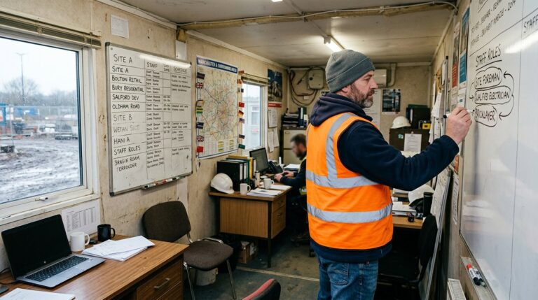 Contracts manager circling unfilled roles on a site office whiteboard