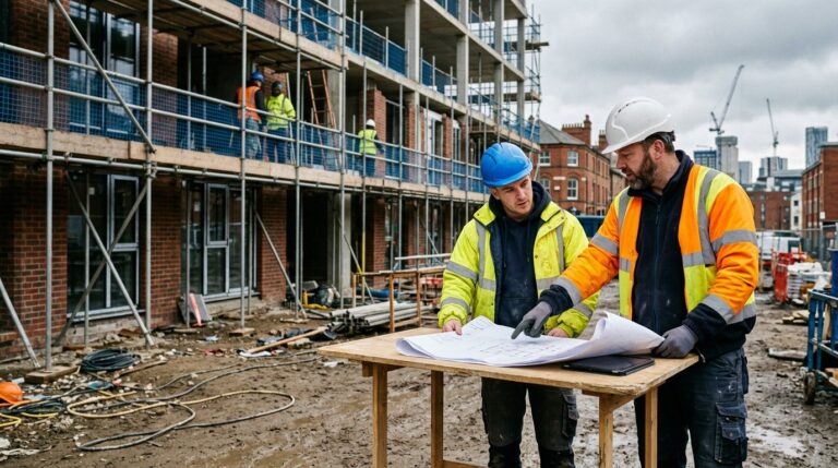 Two construction workers planning a building